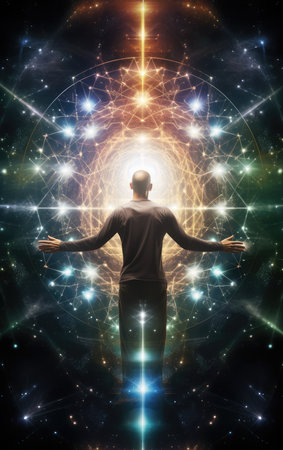 illustration of the human body with energy rays, peace of mind, restoration of strength, concentration of energy.の素材