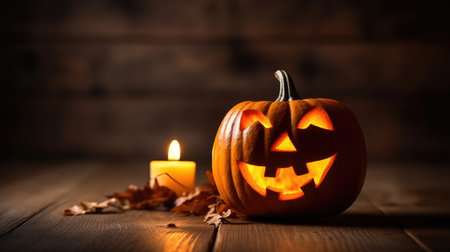 Halloween burning pumpkin smile and scary eyes for party. Close up view of scary Halloween pumpkin, day of the dead.の素材