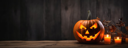 Halloween burning pumpkin smile and scary eyes for party. Close up view of scary Halloween pumpkin, day of the dead.の素材