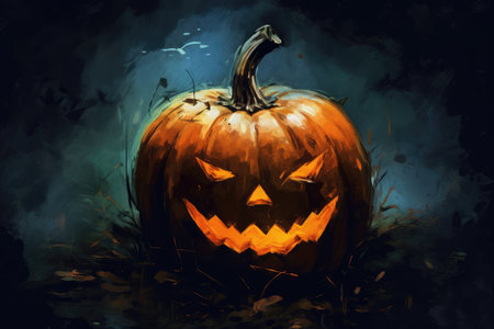 Halloween burning pumpkin smile and scary eyes for party. Close up view of scary Halloween pumpkin, day of the dead.の素材