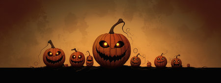 Halloween burning pumpkin smile and scary eyes for party. Close up view of scary Halloween pumpkin, day of the dead.の素材