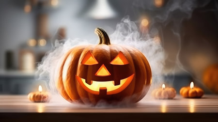 Halloween burning pumpkin smile and scary eyes for party. Close up view of scary Halloween pumpkin, day of the dead.の素材