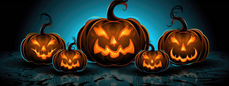 Halloween burning pumpkin smile and scary eyes for party. Close up view of scary Halloween pumpkin, day of the dead.の素材