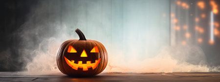 Halloween burning pumpkin smile and scary eyes for party. Close up view of scary Halloween pumpkin, day of the dead.の素材