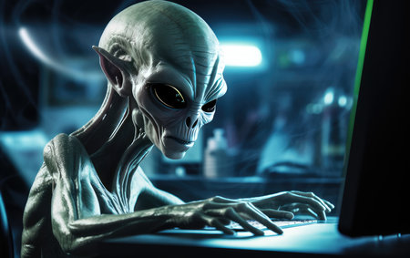 alien hacker at a laptop cracking a digital code. cyber attacks. hacking digital infrastructure.の素材