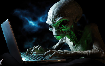 alien hacker at a laptop cracking a digital code. cyber attacks. hacking digital infrastructure.の素材