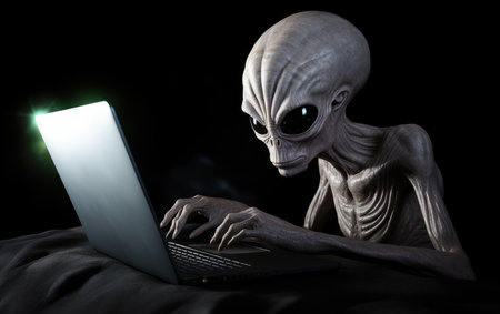 alien hacker at a laptop cracking a digital code. cyber attacks. hacking digital infrastructure.の素材