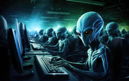 alien hacker at a laptop cracking a digital code. cyber attacks. hacking digital infrastructure.の素材