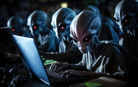 alien hacker at a laptop cracking a digital code. cyber attacks. hacking digital infrastructure.の素材