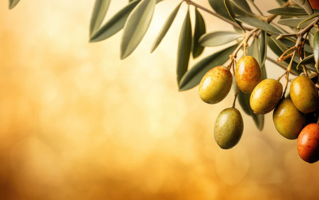 Background green olive branch, place for text. banner with olives. olive oil advertisement.の素材