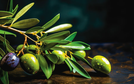 Background green olive branch, place for text. banner with olives. olive oil advertisement.の素材