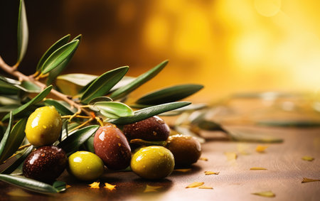 Background green olive branch, place for text. banner with olives. olive oil advertisement.の素材