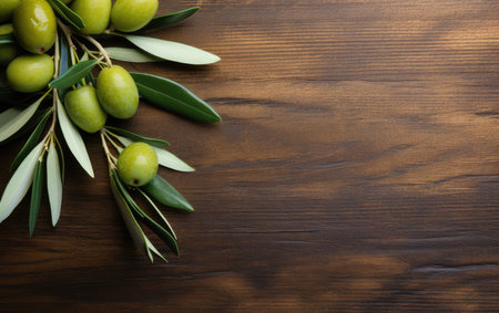 Background green olive branch, place for text. banner with olives. olive oil advertisement.の素材