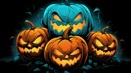 Halloween burning pumpkin smile and scary eyes for party. Close up view of scary Halloween pumpkin, day of the dead.の素材