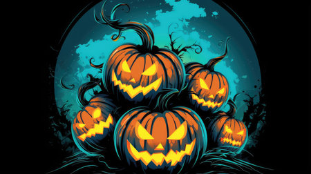 Halloween burning pumpkin smile and scary eyes for party. Close up view of scary Halloween pumpkin, day of the dead.の素材