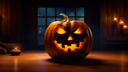 Halloween burning pumpkin smile and scary eyes for party. Close up view of scary Halloween pumpkin, day of the dead.の素材