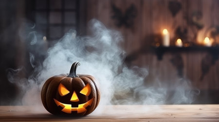 Halloween burning pumpkin smile and scary eyes for party. Close up view of scary Halloween pumpkin, day of the dead.の素材