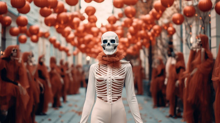 Halloween pumpkin decoration, woman skeleton in stylish clothes on the street celebrates the world holiday Halloween. the day of the Dead.の素材