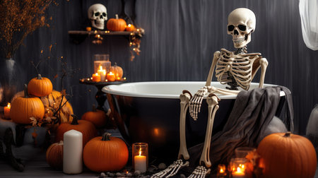 Halloween decoration pumpkin, skeleton celebrates the world holiday Halloween. the day of the Dead.の素材