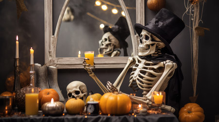 Halloween decoration pumpkin, skeleton celebrates the world holiday Halloween. the day of the Dead.の素材