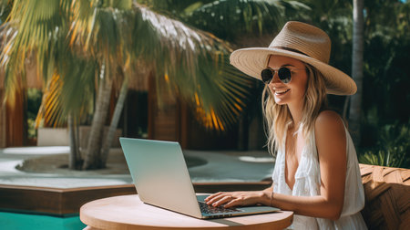 View of a female freelancer with a laptop against a tropical background, browsing tourist information and relaxing in a green park during the day in clear weather. distant work.の素材