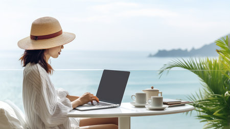 View of a female freelancer with a laptop against a tropical background, browsing tourist information and relaxing in a green park during the day in clear weather. distant work.の素材