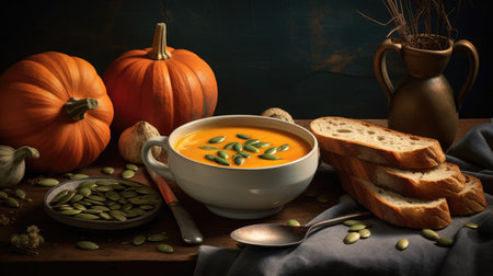 Traditional pumpkin cream soup with a creamy, silky texture. Copy space. diet soup. vegetarian soup.の素材
