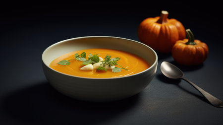 Traditional pumpkin cream soup with a creamy, silky texture. Copy space. diet soup. vegetarian soup.の素材