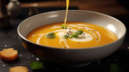 Traditional pumpkin cream soup with a creamy, silky texture. Copy space. diet soup. vegetarian soup.の素材