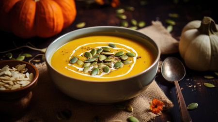 Traditional pumpkin cream soup with a creamy, silky texture. Copy space. diet soup. vegetarian soup.の素材