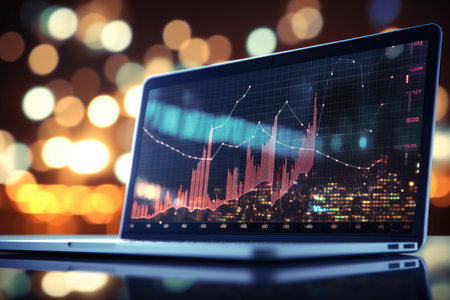 Futuristic scene with a projection of a trading chart on a tablet monitor, the movement of the stock and cryptocurrency market. diagramの素材