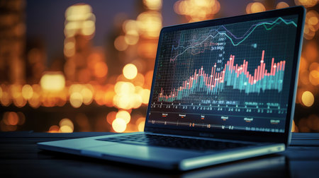 Futuristic scene with a projection of a trading chart on a tablet monitor, the movement of the stock and cryptocurrency market. diagramの素材