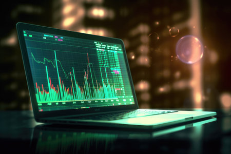 Futuristic scene with a projection of a trading chart on a tablet monitor, the movement of the stock and cryptocurrency market. diagramの素材