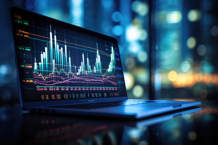 Futuristic scene with a projection of a trading chart on a tablet monitor, the movement of the stock and cryptocurrency market. diagramの素材