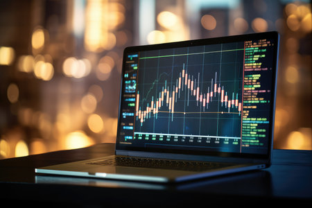 Futuristic scene with a projection of a trading chart on a tablet monitor, the movement of the stock and cryptocurrency market. diagramの素材