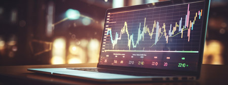 Futuristic scene with a projection of a trading chart on a tablet monitor, the movement of the stock and cryptocurrency market. diagramの素材