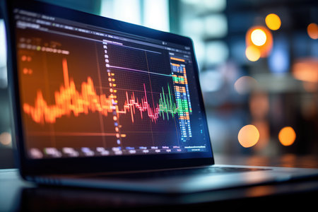 Futuristic scene with a projection of a trading chart on a tablet monitor, the movement of the stock and cryptocurrency market. diagramの素材