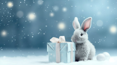 rabbit with gift box on New Years background, winter gifts. Christmas card.の素材
