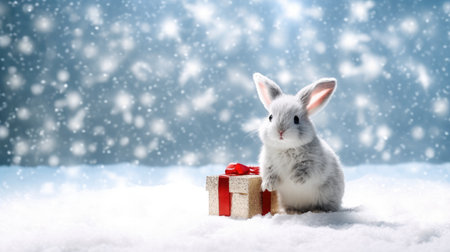 rabbit with gift box on New Years background, winter gifts. Christmas card.の素材