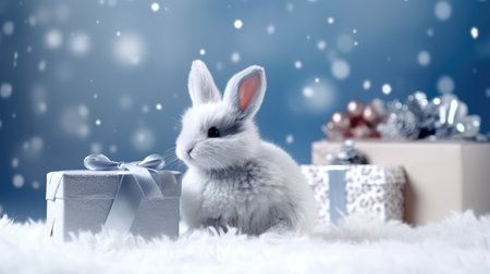 rabbit with gift box on New Years background, winter gifts. Christmas card.の素材