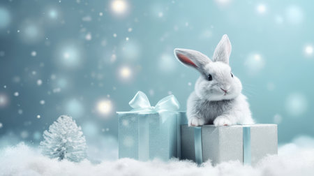 rabbit with gift box on New Years background, winter gifts. Christmas card.の素材