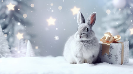 rabbit with gift box on New Years background, winter gifts. Christmas card.の素材