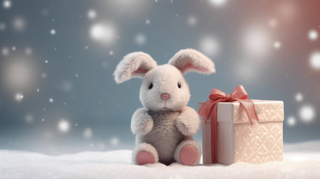 rabbit with gift box on New Years background, winter gifts. Christmas card.の素材