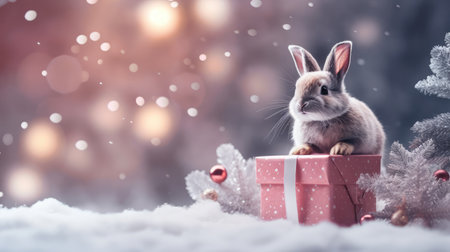 rabbit with gift box on New Years background, winter gifts. Christmas card.の素材