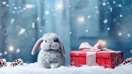 rabbit with gift box on New Years background, winter gifts. Christmas card.の素材