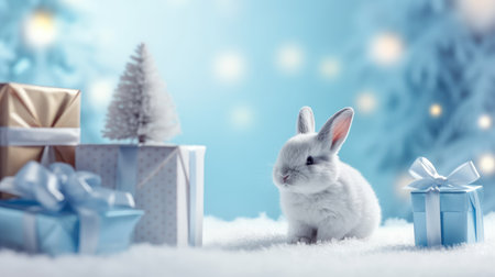 rabbit with gift box on New Years background, winter gifts. Christmas card.の素材