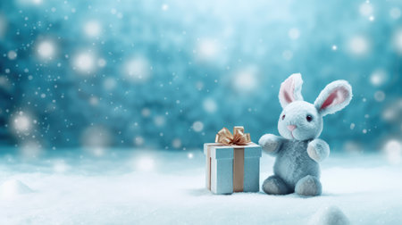 rabbit with gift box on New Years background, winter gifts. Christmas card.の素材