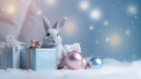 rabbit with gift box on New Years background, winter gifts. Christmas card.の素材