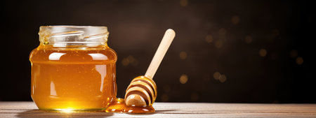 Jar of honey with honey dipper, natural medicinal product. natural product.の素材