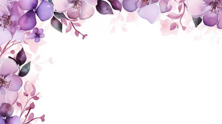 Watercolor floral wreath of purple flowers on a white background, lilac branches and foliage. Botanical illustration of flowers. Wedding decorations for design.の素材